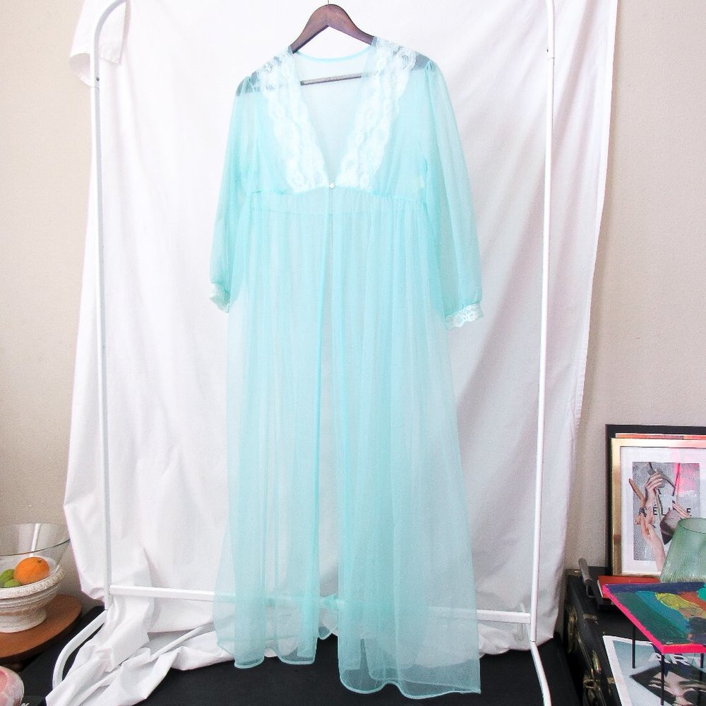 VINTAGE 50s Sears Teal Blue Peignoir Dress True Vintage USA Chiffon Nightgown